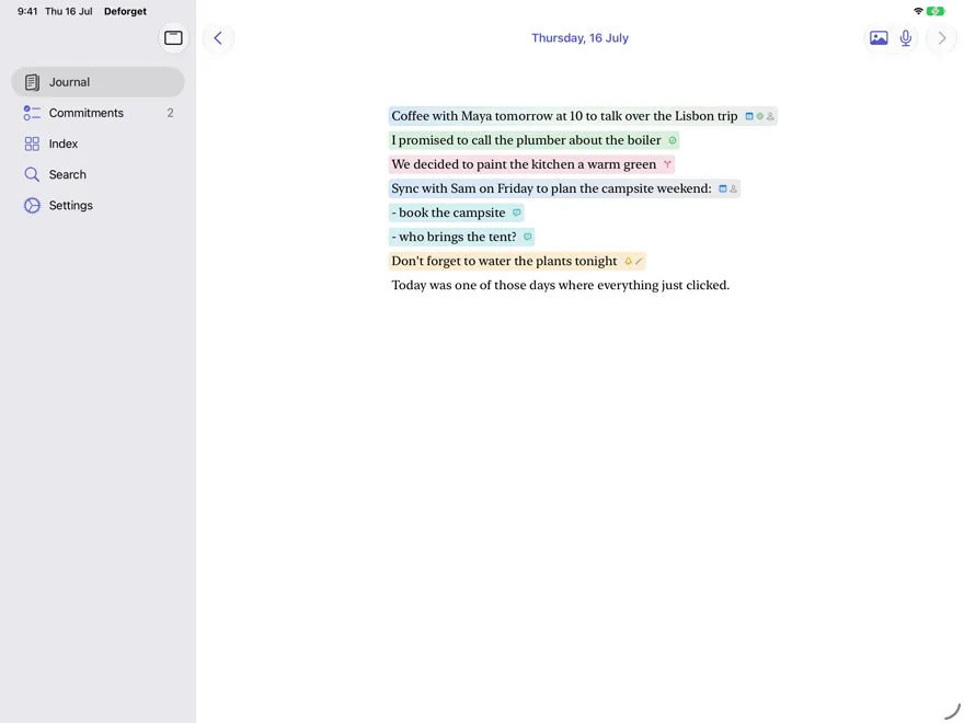 Deforget on iPad in landscape: the journal beside the sidebar, a meeting block with two bullet notes highlighted.
