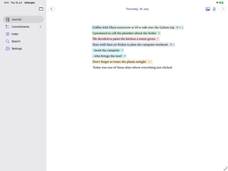 The journal on iPad in landscape, with the day sidebar alongside the writing.