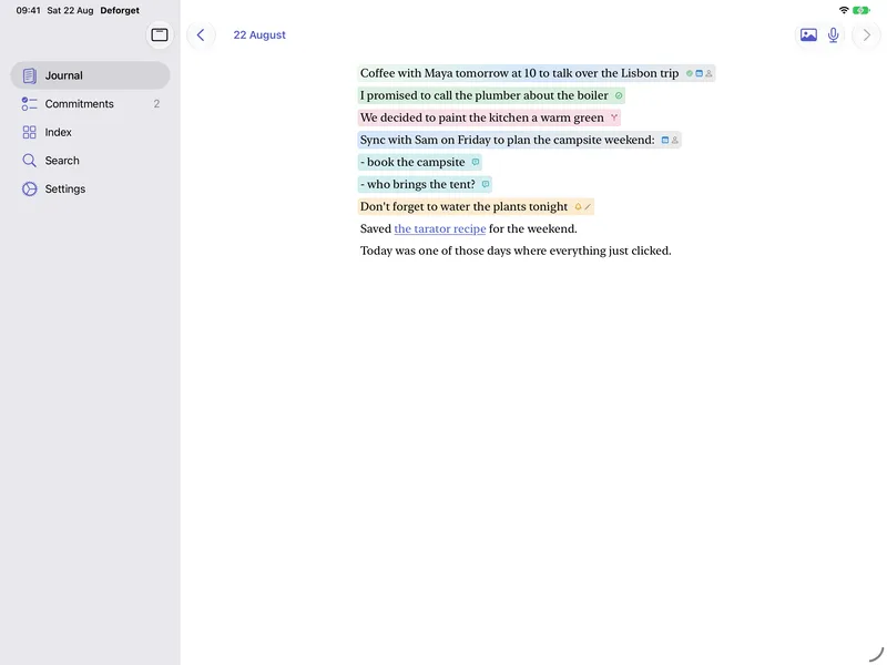 The journal on iPad in landscape, with the day sidebar alongside the writing.