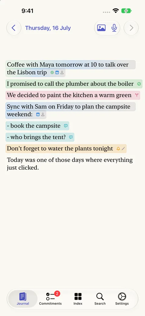 The journal on iPhone: a diary entry with colored highlights marking an event, a commitment, a decision, meeting notes, and a reminder.