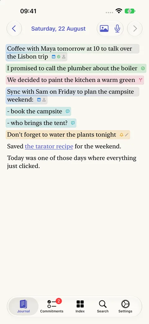 The journal on iPhone: a diary entry with colored highlights marking an event, a commitment, a decision, meeting notes, and a reminder.